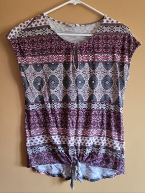 Lucky Brand Boho Printed Tie-Hem Top in Burgundy, XS
